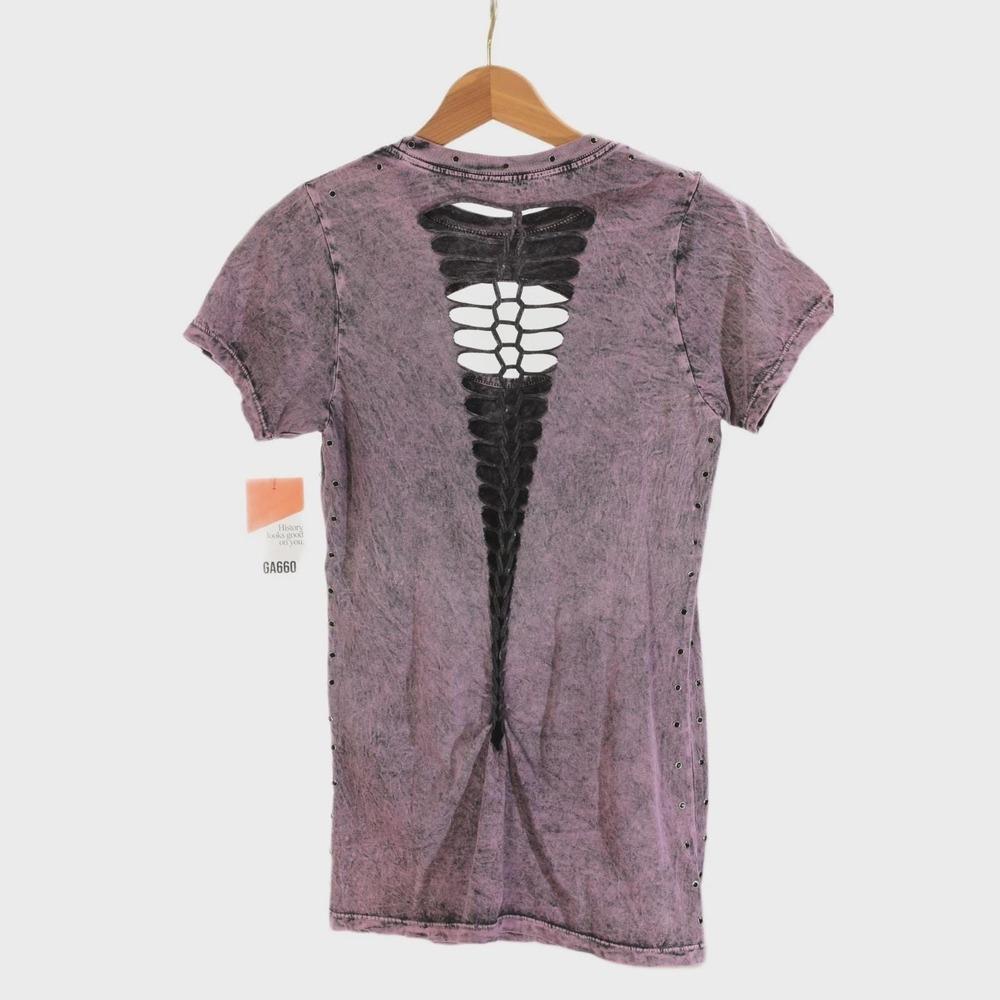 Y2k Affliction T Shirt Womens L Iconic Steel Cut Out Purple Studded Braided - Picture 8 of 8